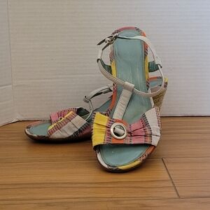 Rockport sandals espadrille peep toe shoes strappy wedge heel fabric summer